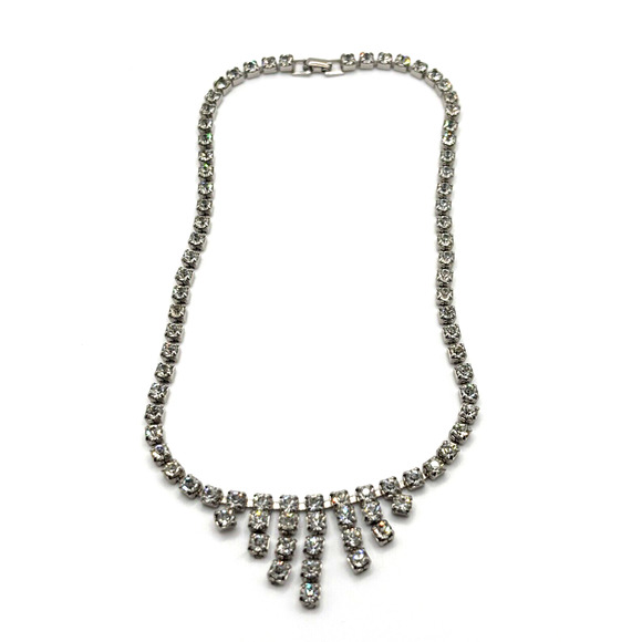 VTG Rhinestone Necklace Clear Dangle Silver Tone J1-3026 - Picture 2 of 9